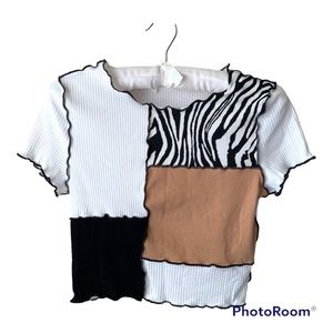 Patchwork Baby Doll Crop Top White Black Zebra Lettuce Edge Trim Small Shein